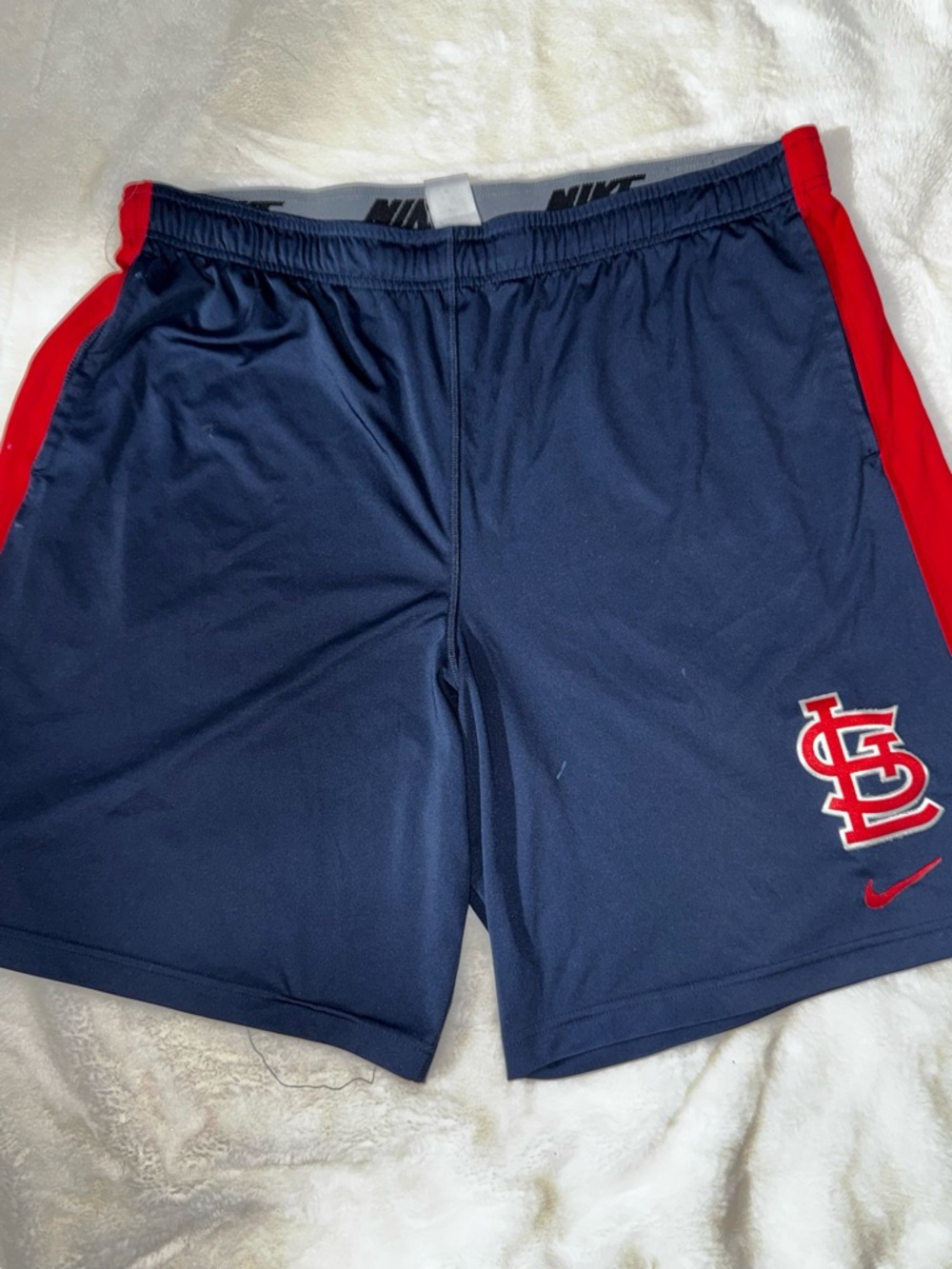 Nike Navy Athletic Shorts with Red Side Panels and Team Logo